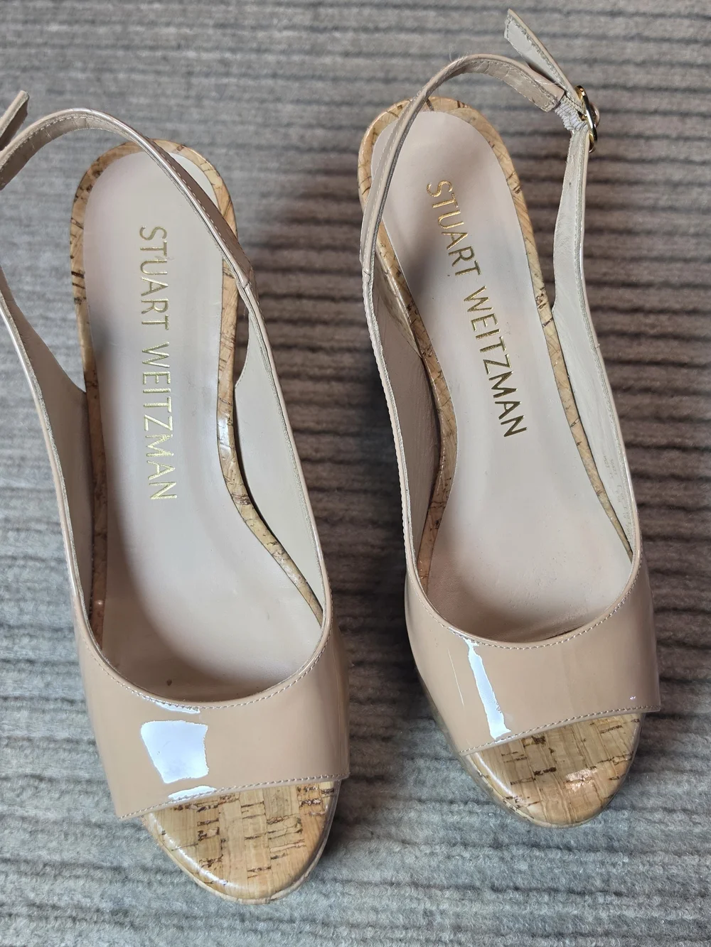 Stuart Weitzman peep toe wedge heels nude shiny cork, size 8.5, 3.5